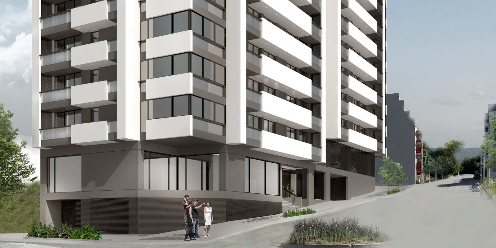 La esquina desde la vereda, con el basamento, render del proyecto