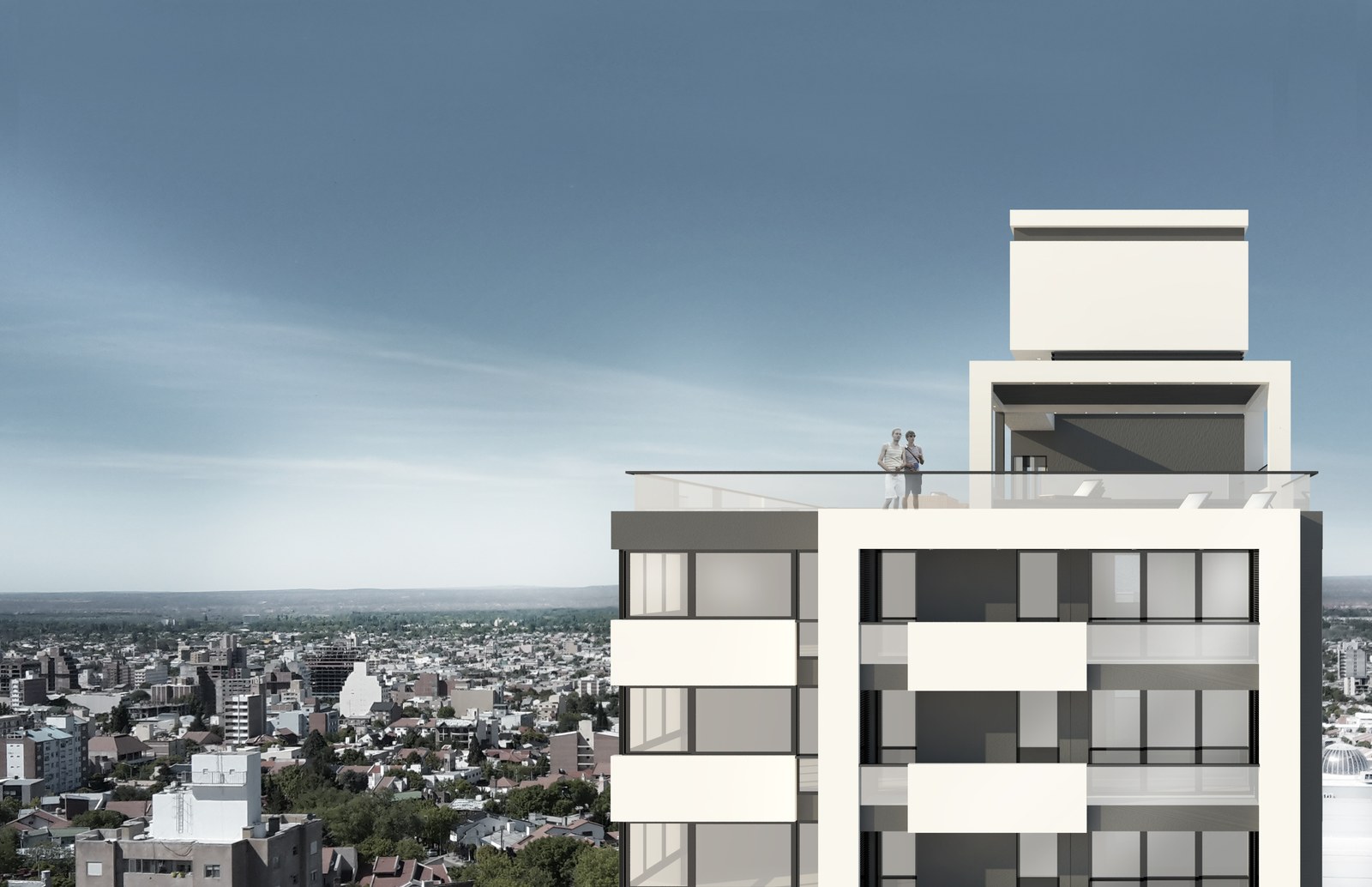 Terraza de la cubierta con la ciudad de fondo, render del proyecto