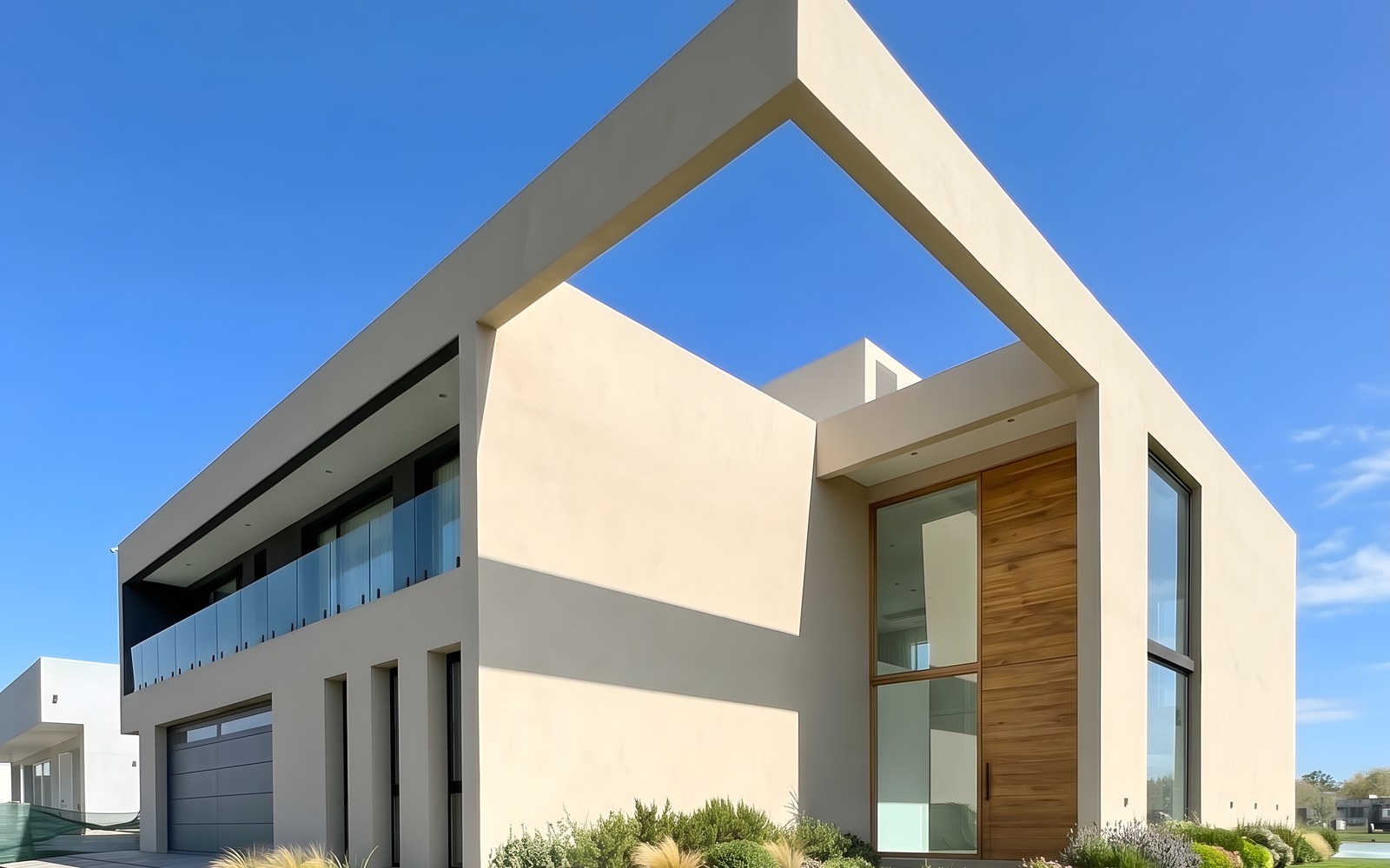 El Vergel II, vivienda de PROA en Neuquen al atardecer, con el interior encendido y la pileta en primer plano