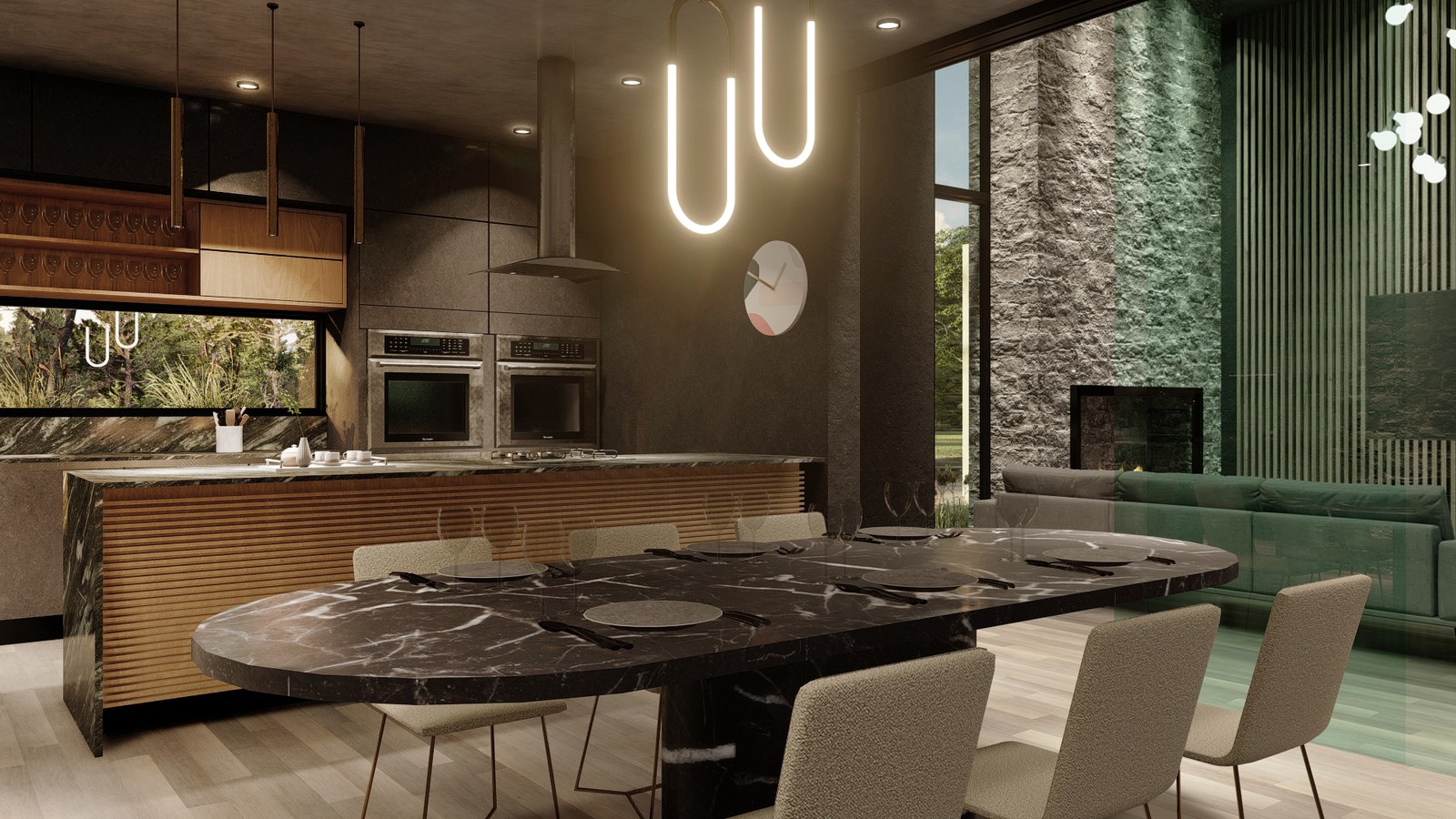Comedor con mesa de piedra oscura y lámparas colgantes, render del proyecto
