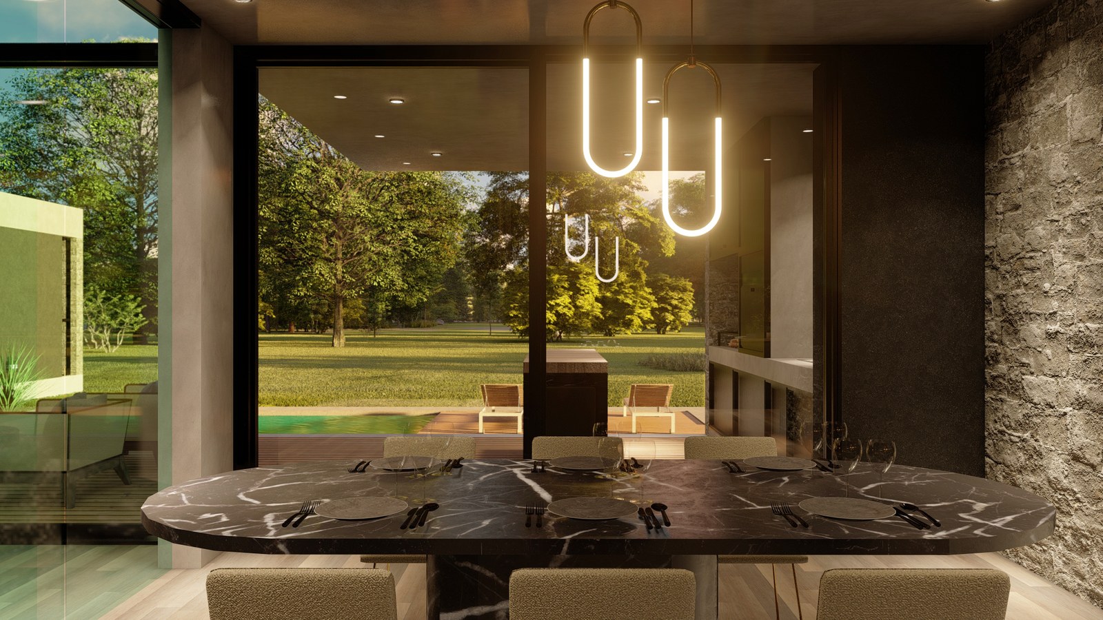 Mesa del comedor frente al ventanal, render del proyecto