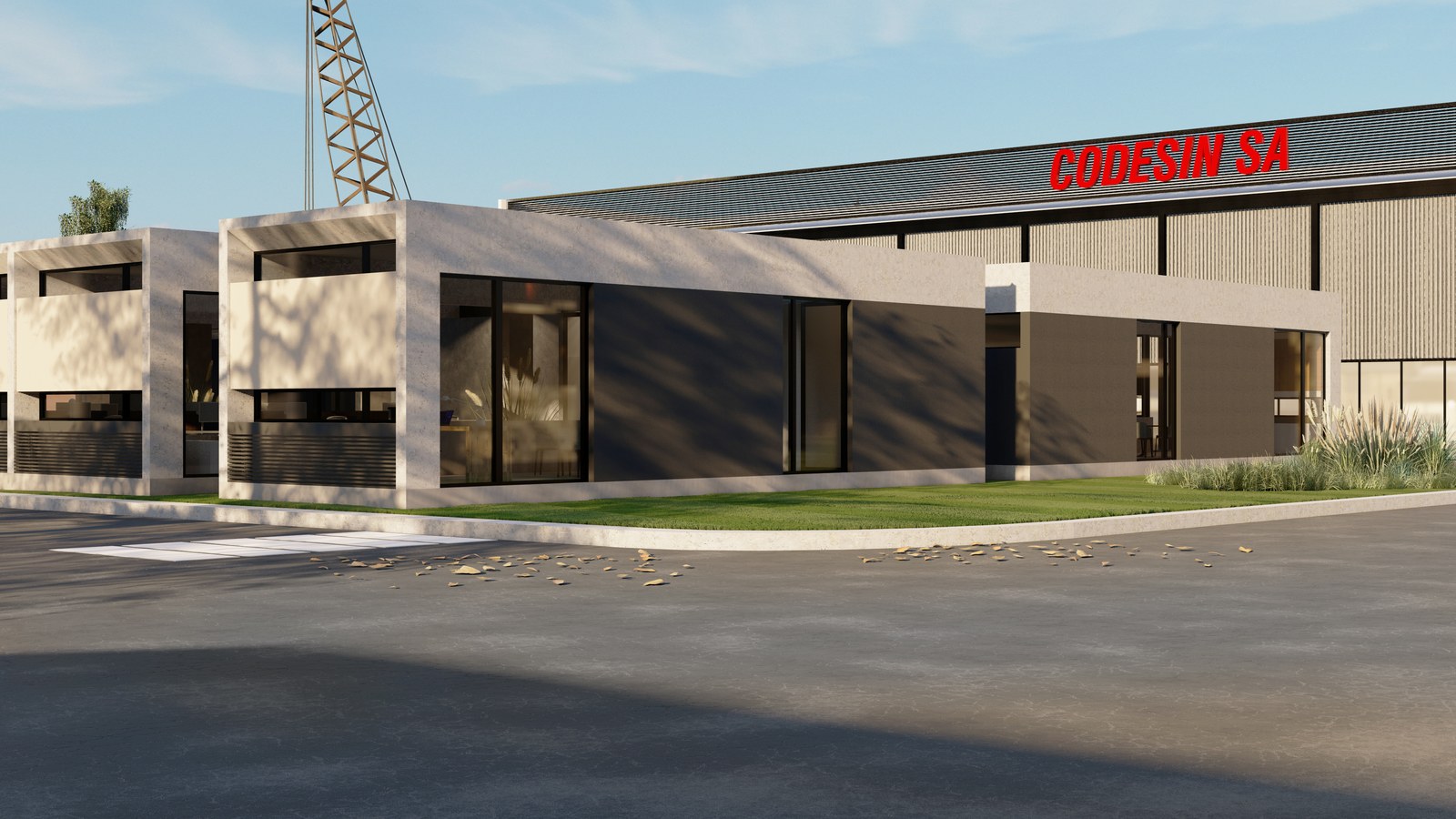 Volúmenes de oficinas sobre el playón, render del proyecto