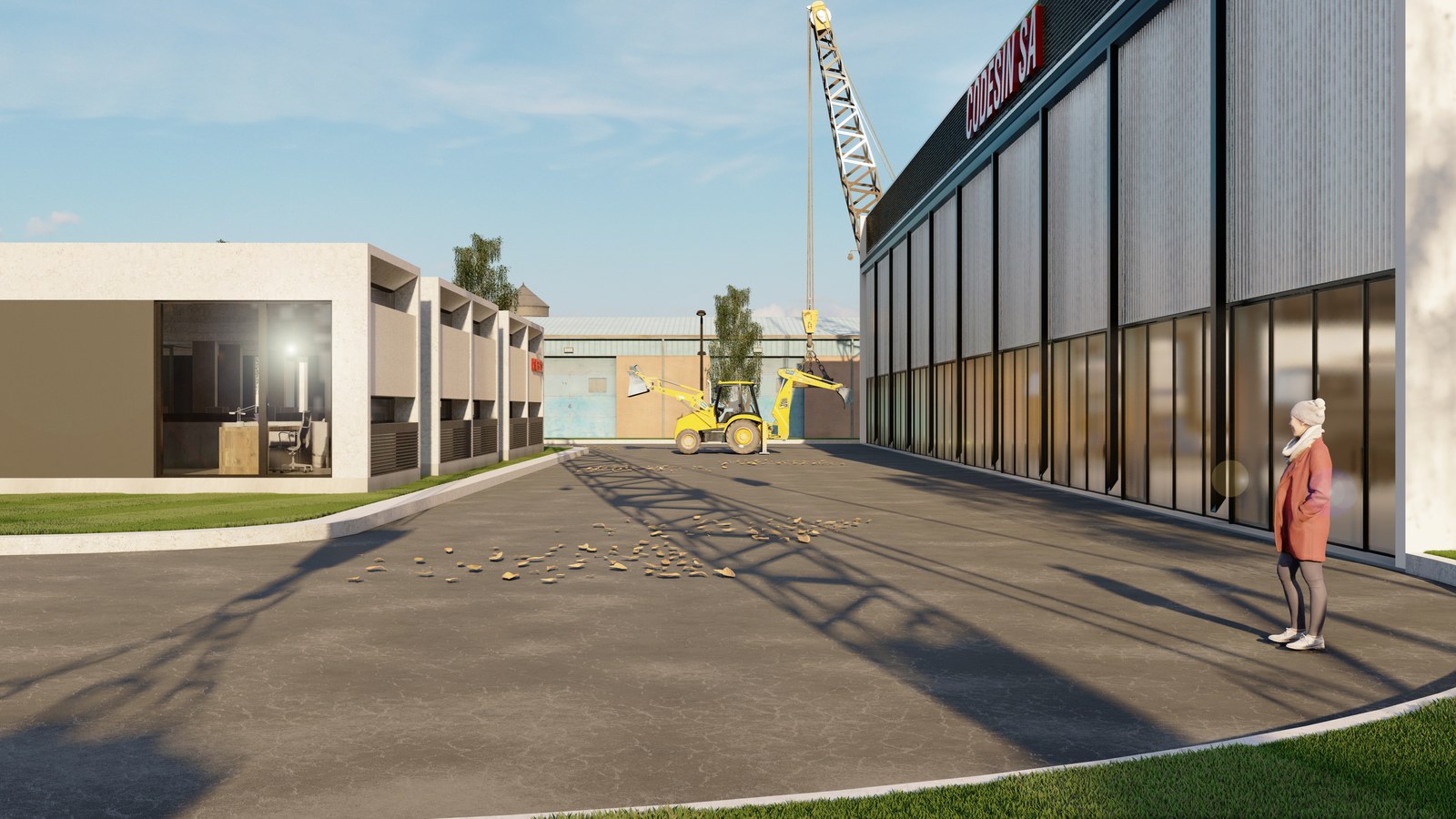 Calle interna entre las oficinas y la nave, render del proyecto