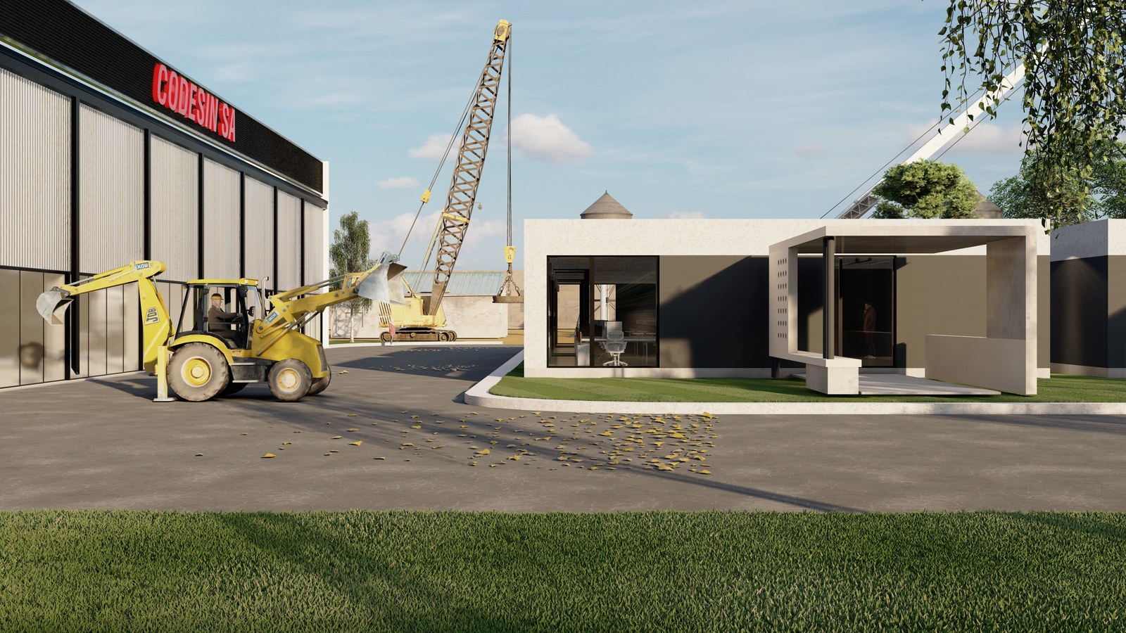 Patio de maniobras con la nave, render del proyecto