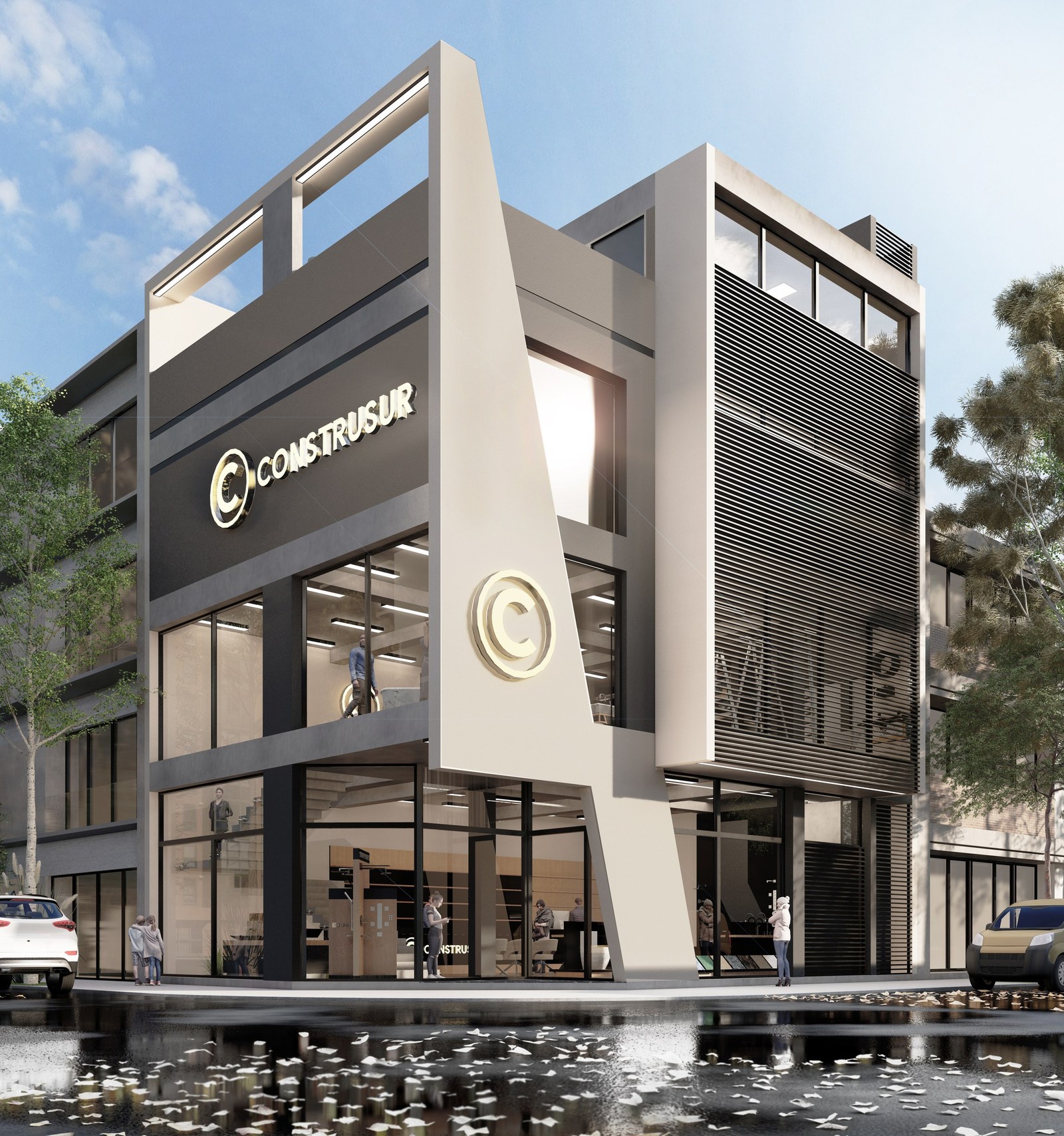 Frente con el isologo C sobre la vereda mojada, al atardecer, render del proyecto