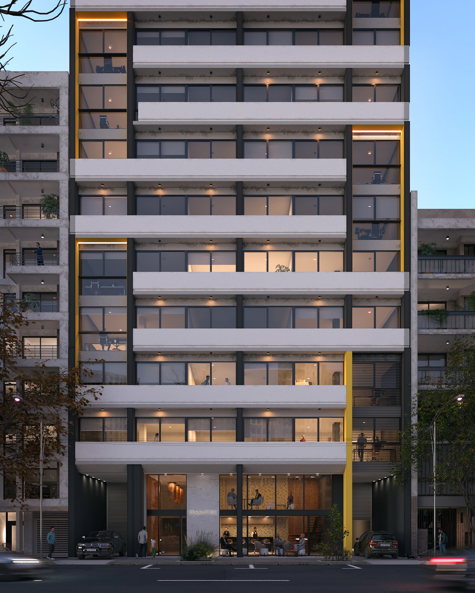 Fachada frontal con los balcones corridos y el acento amarillo, render del proyecto