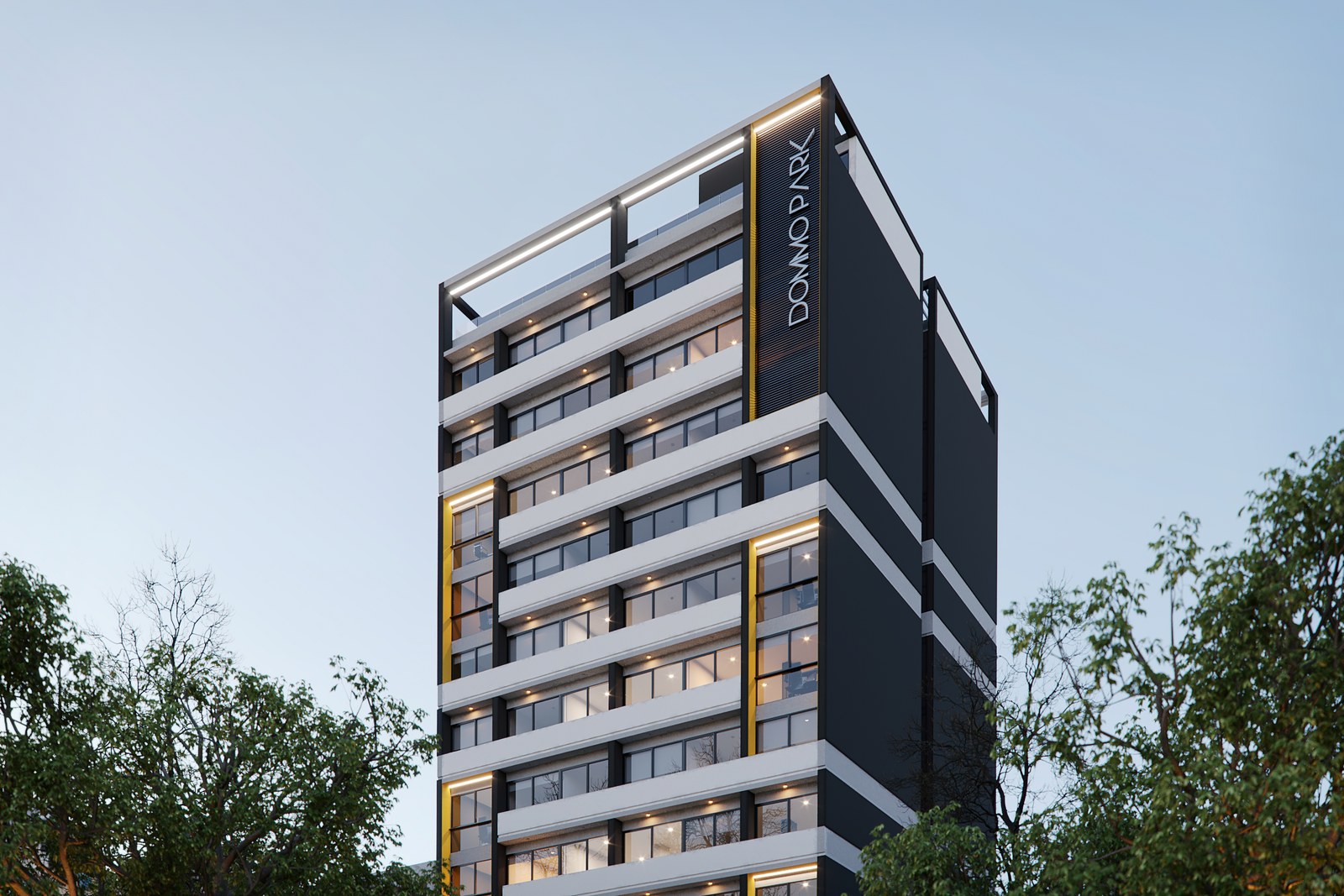 Coronamiento de la torre con el nombre del edificio, render del proyecto