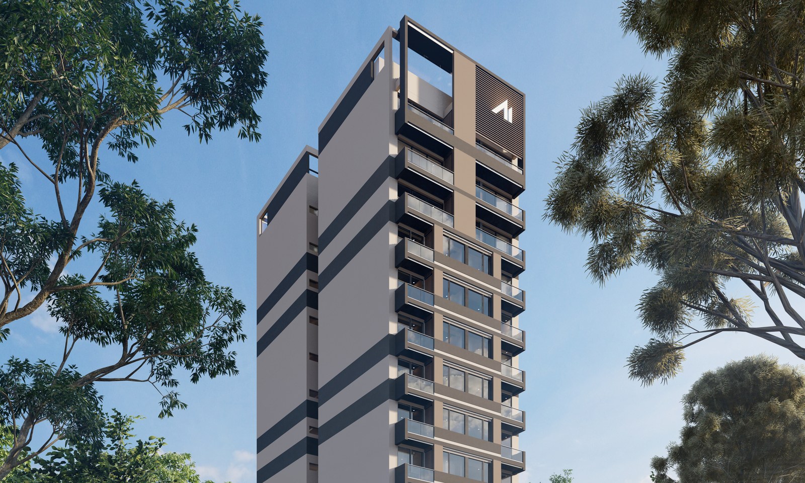 Los pisos altos de la torre entre la arboleda, render del proyecto