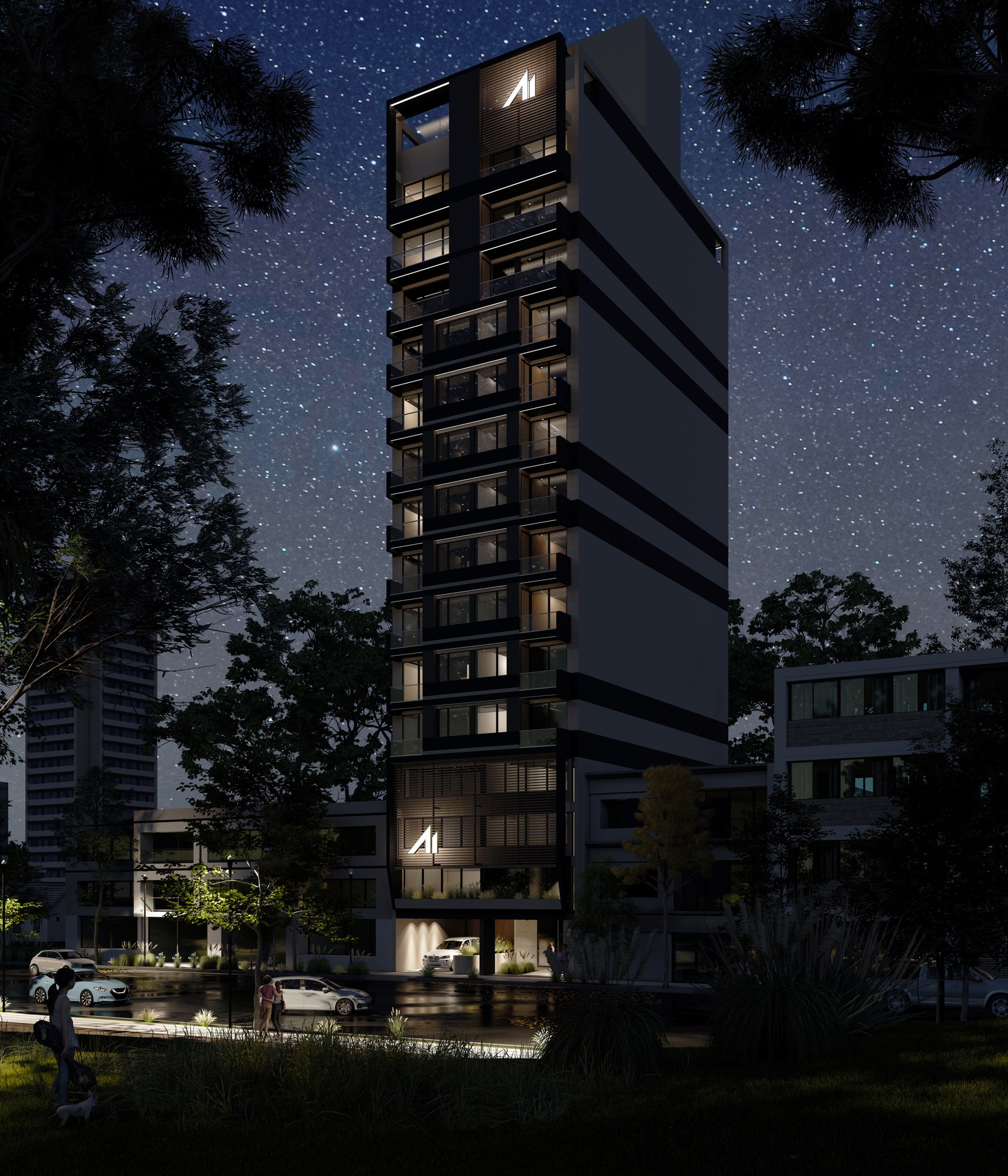 La torre de noche, con las unidades encendidas, render del proyecto
