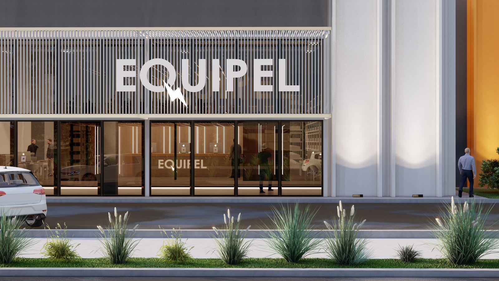 Acceso principal con el nombre de la empresa, render del proyecto