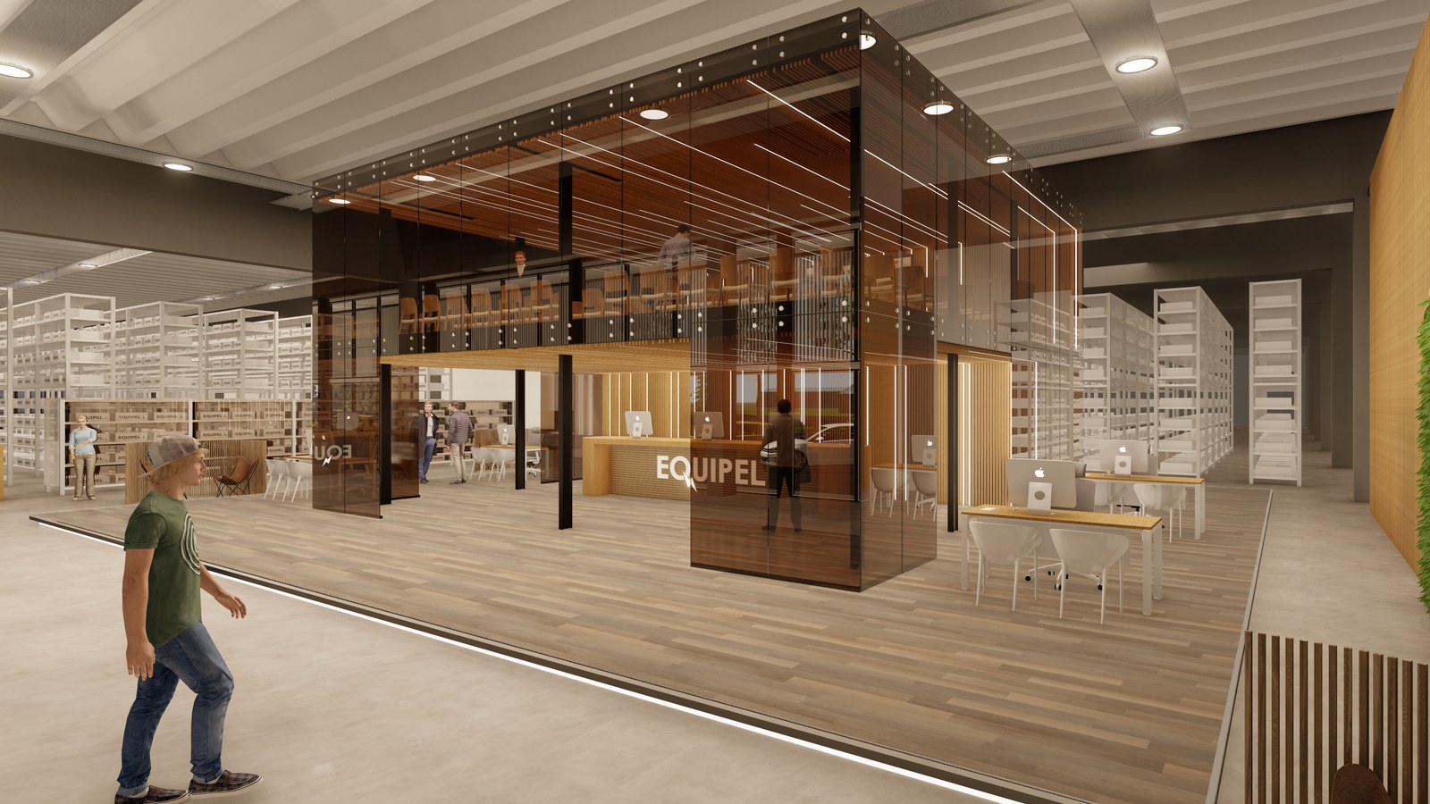 Interior en doble altura con estanterías, render del proyecto