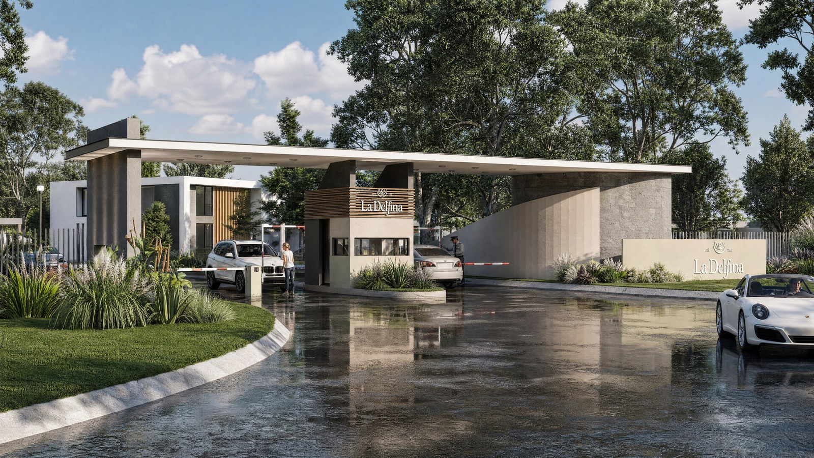 Llegada al acceso con el muro curvo y el nombre del barrio, render del proyecto