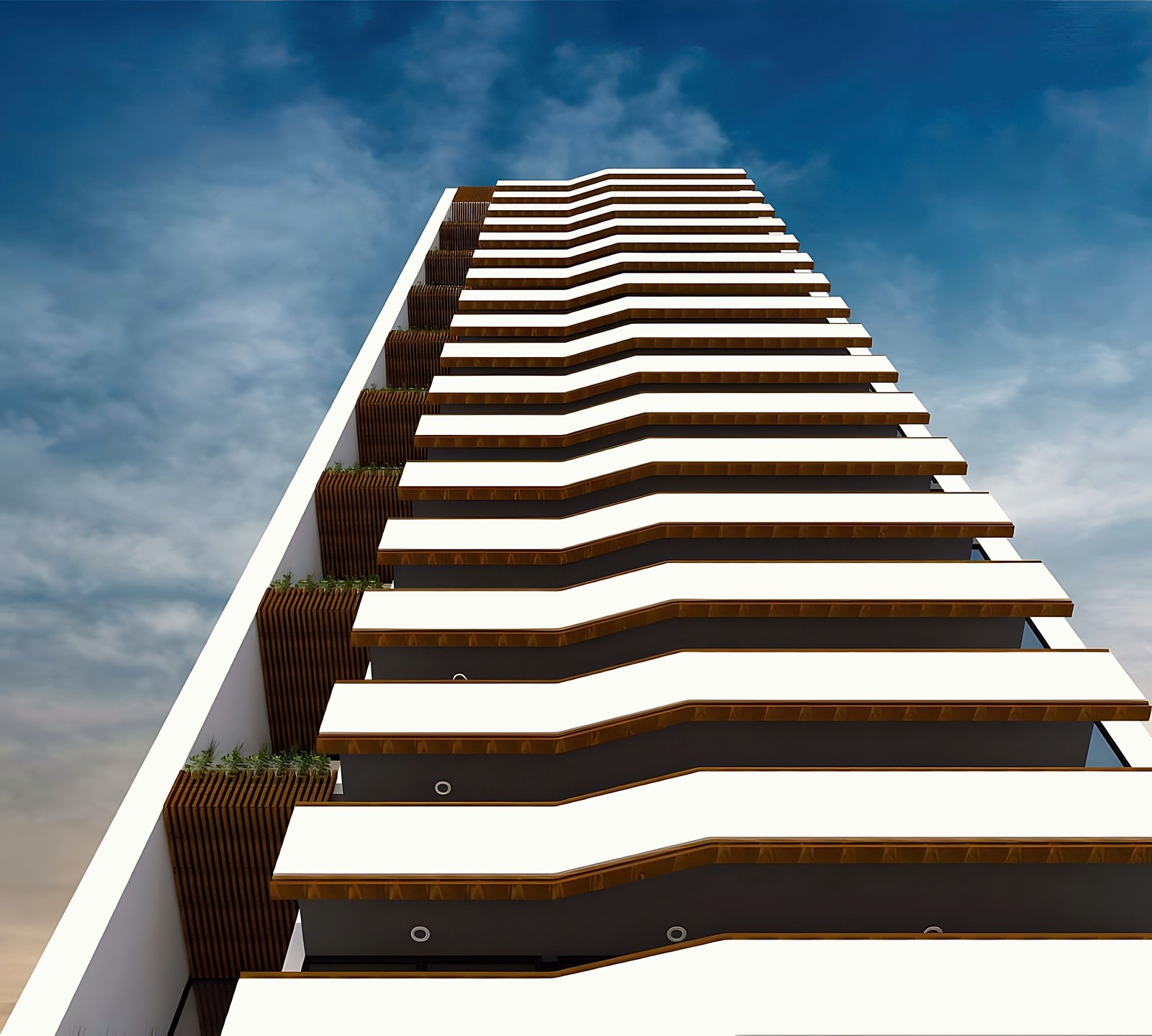 Torre Leloir, vista ascendente del frente con balcones ondulados, render del proyecto