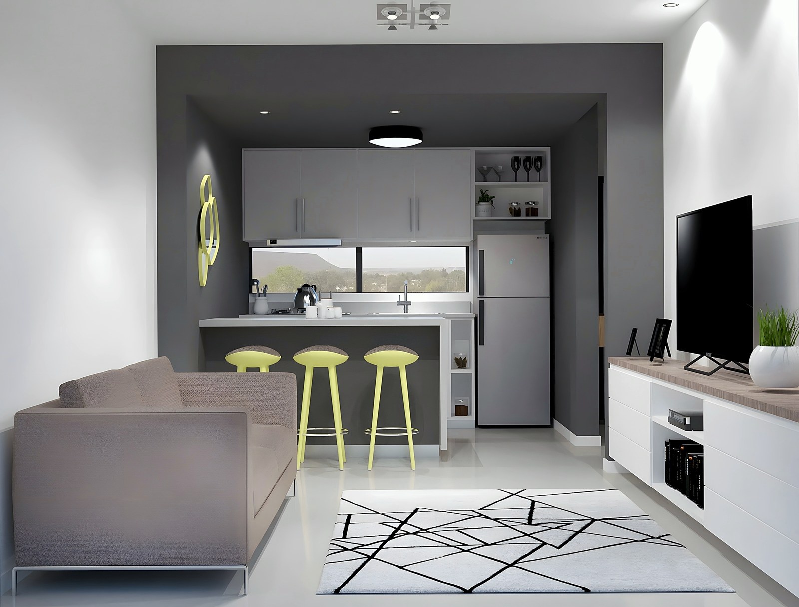 Torre Rincón I, interior de living comedor con isla de cocina, render del proyecto