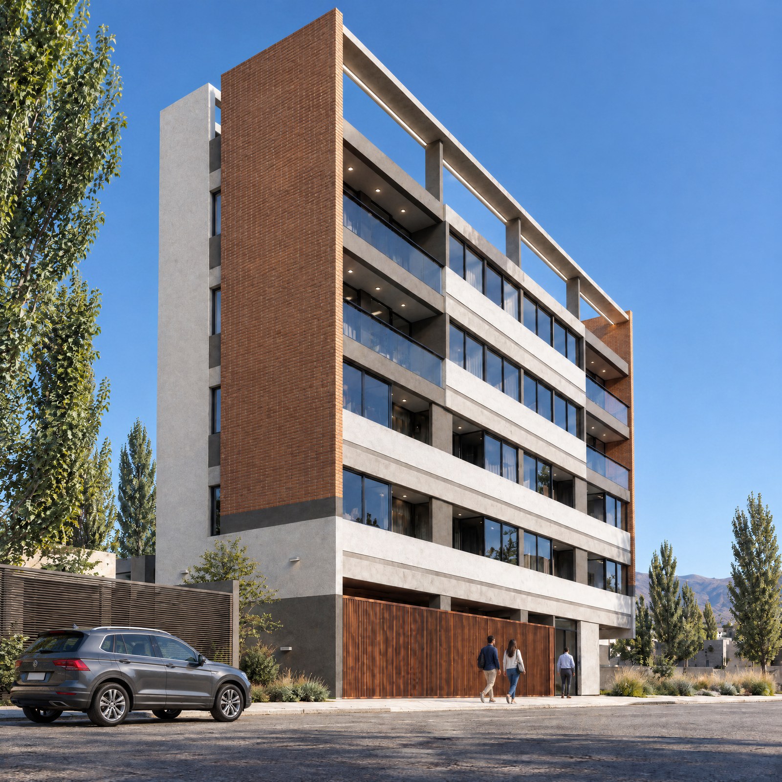 Esquina con el muro de ladrillo y el nombre del edificio, render del proyecto